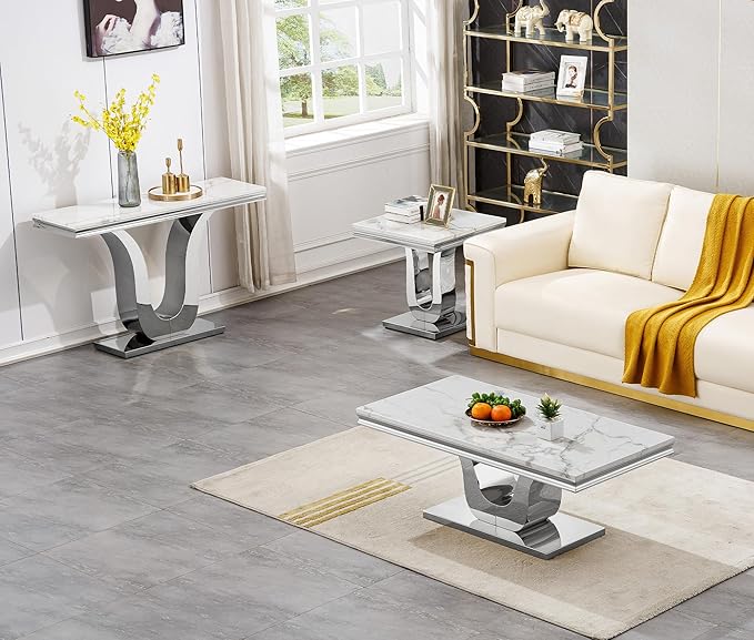 SSLine Modern White Faux Marble End Table Luxury Square Sofa Side Table with Silver Pedestal Base Mid-Century Elegant Bedside Table w/Mirrored Stainless Steel Frame for Living Room Bedroom
