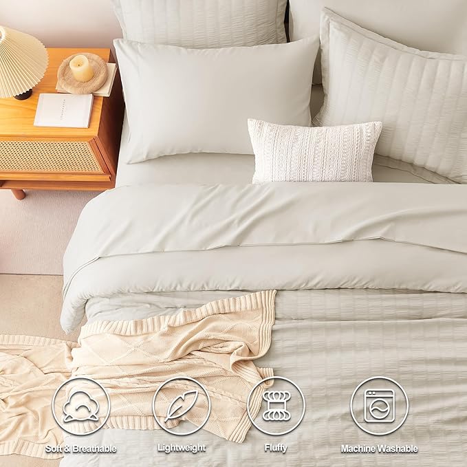 CozyLux Queen Comforter Set Oatmeal Seersucker 7 Pieces Bed in a Bag Queen Comforter Set with Sheets Luxury Soft Bedding Set with Down Alternative Comforter, Sheets, Pillowcases & Shams for All Season