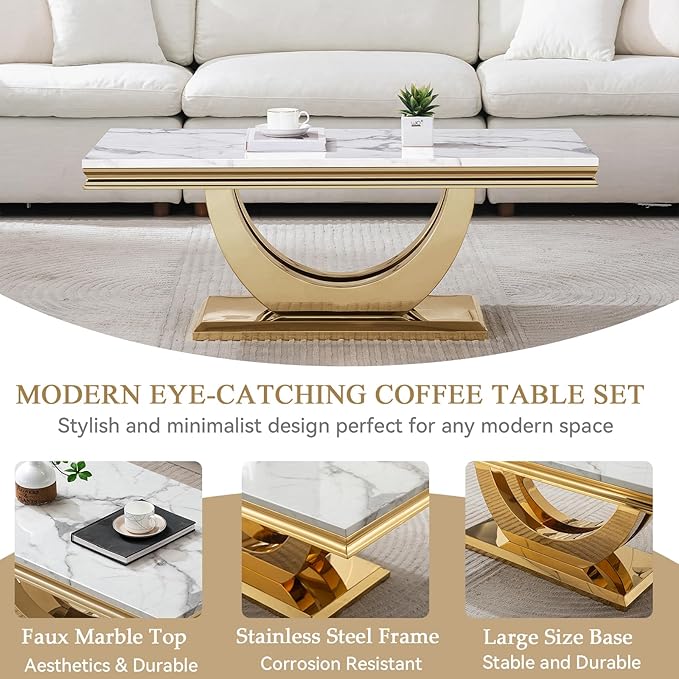 Modern Marble Coffee Table with Stainless Steel Pedestal, 47" Luxury Gold Coffee Tables for Living Room, Unique Faux Marble Cocktail Table Rectangle Funky Coffee Center Table for Living Room