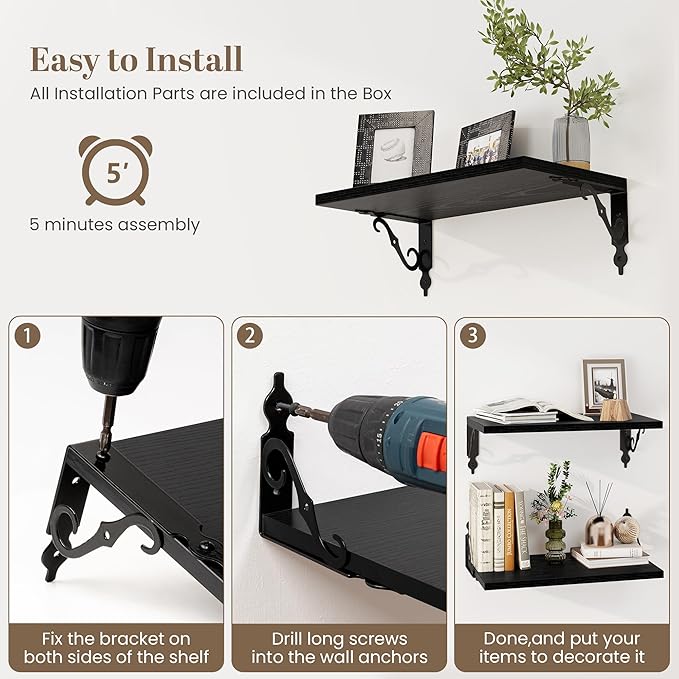 Deep Floating Shelves for Wall, 32"W x 8"D Wall Shelves, 8 Inch Deep Floating Shelf with Bracket, 32 Inch Floating shelves Set of 2, Rustic Shelves for Living Room, Bathroom and Kitchen, Black