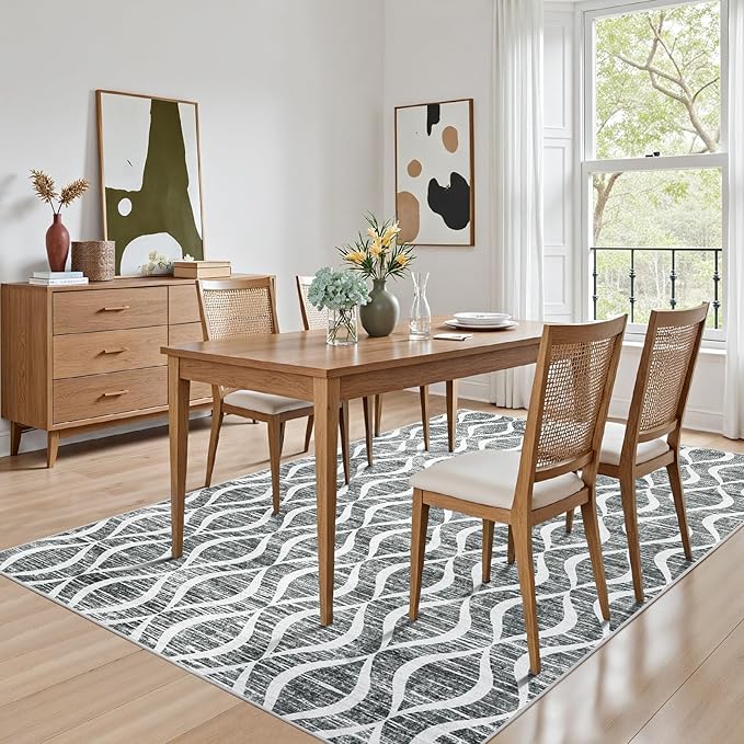 WITSHOCK Rugs for Living Room 5x7: Washable Non-Slip Soft Geometric Foldable Low Pile Large Boho Indoor Rug for Bedroom Dining Room, Carpet for Nursery Playroom Decor, Kid & Pet Friendly, Dark Grey