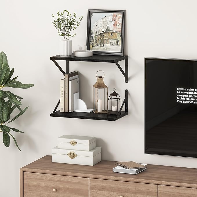 Fun Memories 10 Inch Deep Floating Shelves, Black Floating Shelf 16 Inch Long, 16" W x 10" D Wall Shelves Set of 2, Deep Shelves for Books, Wide Floating Shelves for Bahtoom, Living Room, Kitchen