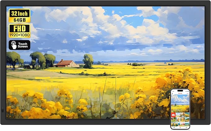 Frameo 32" Extra Large Digital Picture Frame, Smart WiFi Photo Frame with 1920x1080 FHD IPS Touch Screen 64GB Memory, Support Wall Mounted Auto-Rotate USB&SD Card, Share Photos/Videos Instantly