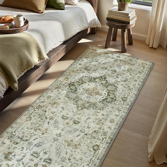 PADOOR-Vintage Runner Rug 2X10 Runners for Hallways-Soft Green Washable Bedside Rugs for Bedroom-Non Slip Long Rug for Hallways Entryway Laundry Room Stair Kitchen Bathroom