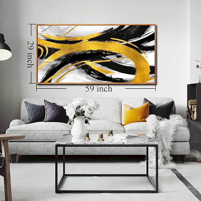 Abstract Wall Decor for Living Room - Modern Black and Gold Wall Art for Office - Large Framed Wall Art Size 29" x 59"