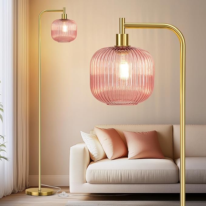 QiMH Glass Floor Lamp for Living Room, 67” Modern Standing Lamp with Pink Ribbed Glass Lampshade Pedal Switch Tall Lamp for Bedroom, Brushed Gold (2700K LED Bulb Included)