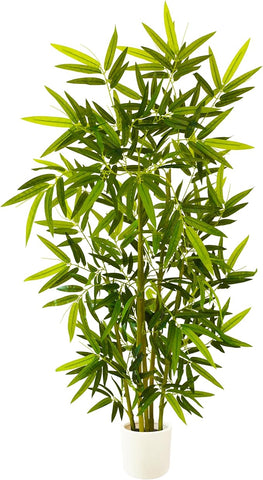 Artificial Bamboo Tree, 5ft Tall Fake Bamboo Plant with White Planter, Faux Trees with 5 Trunks and Lifelike Leaves for Indoor Outdoor Home Office Décor