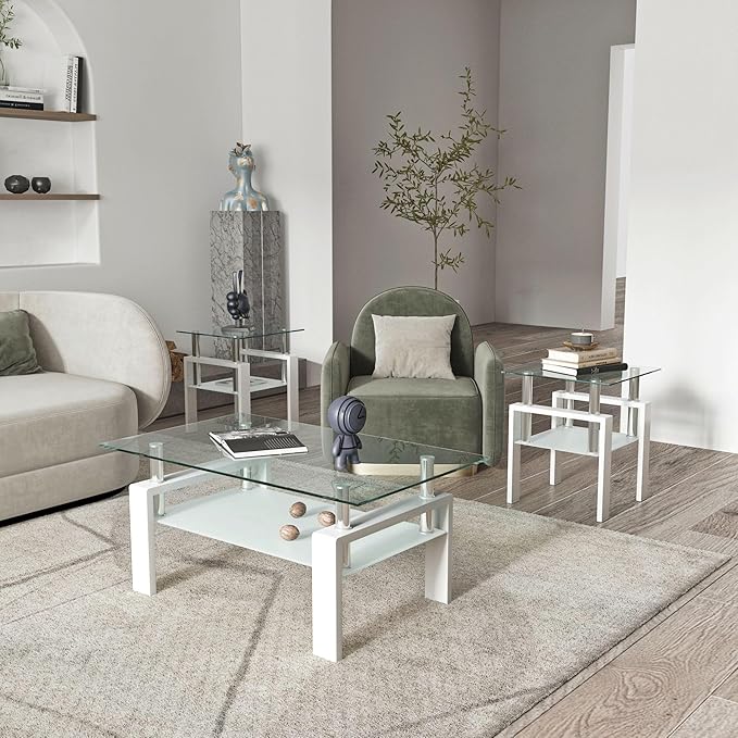 IANIYA 3 Piece Living Room Table Set, Modern Tempered Glass Coffee Table Set, Glass Coffee Table Black Metal Frame End Table for Living Room Apartment Small Space, White