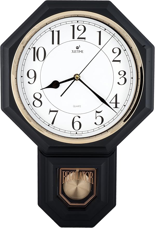 JUSTIME Traditional Schoolhouse Easy to Read Pendulum Plastic Wall Clock Chimes Every Hour with Westminster Melody Made in Taiwan, 4AA Batteries Included (PP0258-WB Matt. Black)