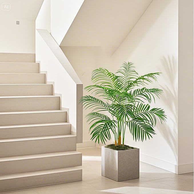Artificial Palm Tree 4FT Artificia Plants Indoor Fake Trees Tropical Fake Plam Tree Floor Plant in White Pot with 13 Trunks & Real Bark Design Faux Palm Plant for Outdoor Home Room Decor