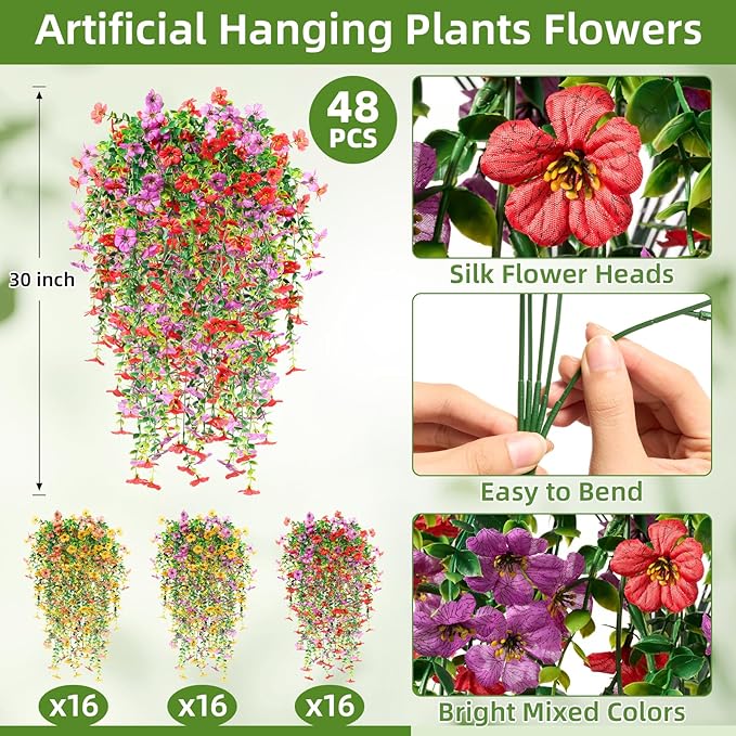 Hoteam 48 Pack Artificial Hanging Flowers Plants for Outdoors 30 Inch UV Resistant Fake Plastic Faux Artificial Plants Bulk for Planter Porch Patio Yard Garden Wedding Wall Indoor