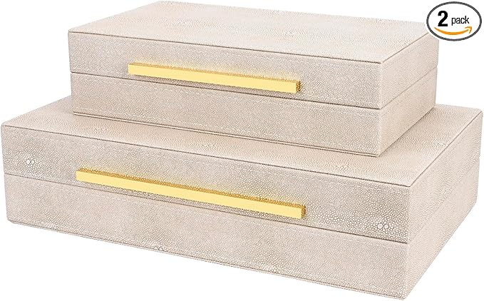 Ivory Shagreen box Set of 2 Faux Leather Decorative Boxes,Large Nesting Storage Decorative Boxes with Lids for Modern Home Decor Stacking Jewelry Box Organizer