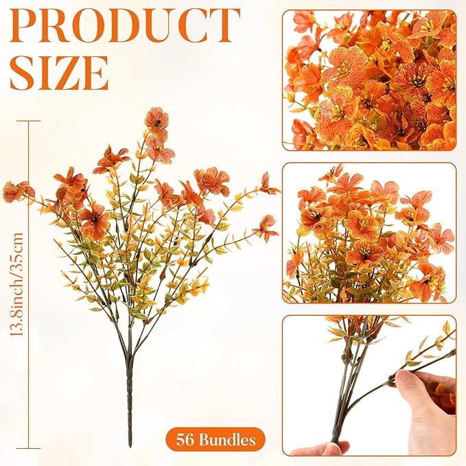 Zeyune 56 Bundles Fall Artificial Flowers Outdoors Fake Autumn Orange Plastic Plants Faux UV Resistant Shrubs Greenery for Thanksgiving Outdoor Indoor Garden Porch Window Box Hanging Decor
