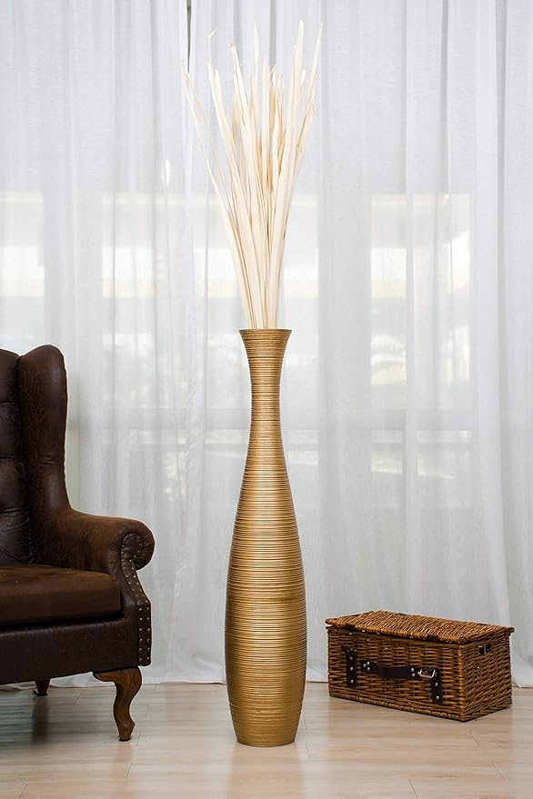 Leewadee Large Gold Home Decor Floor Vase – Wooden 41 inches Tall Farmhouse Decor Flower Holder for Fake Plant and Pampas Grass