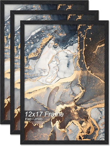Engineered Wood 12x17 Picture Frame Set of 3, Black Frame for 12 x 17 Inch Picture Poster Photo, Light Weight 12 by 17 Frame with Wood-grain for Wall - 3 Pack/Black/12 x17