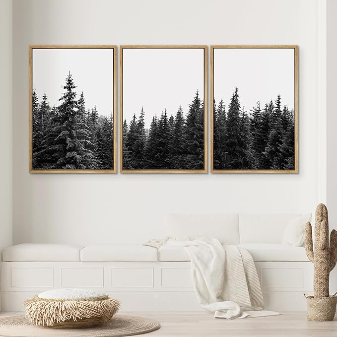 SIGNWIN 3 Piece Framed Canvas Wall Art Woodland Nursery Decor Black and White Forest Photo Nature Abstract Traditional Home Artwork Decoration for Living Room,Bedroom - 24"x36"x3 Natural