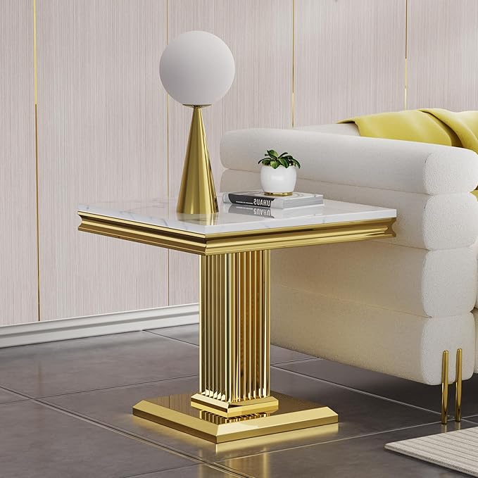 SSLine Modern White Faux Marble End Table Luxury Square Sofa Side Table with Gold Pedestal Base Mid-Century Elegant Bedside Table w/Mirrored Stainless Steel Frame for Living Room Bedroom