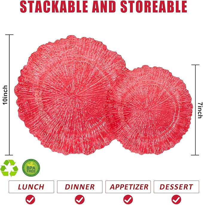 U-QE 60PCS Clear and Red Plastic Plates - Reef Plastic Plates Disposable&Reusable - Clear Red Plates Including 30 Plastic Dinner Plates 10" & 30 Plastic Dessert Plates 7" Perfect for Party & Wedding
