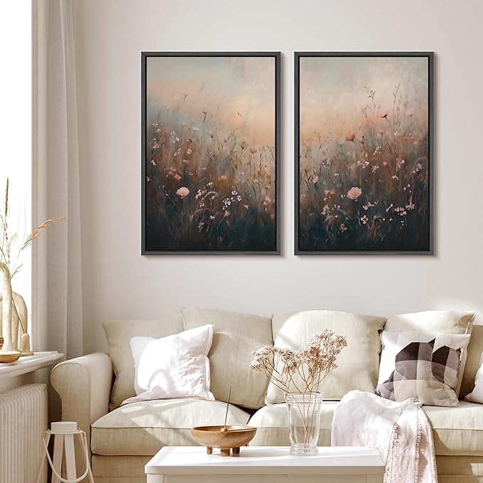 MUDECOR Framed Canvas Print Wall Art Forest and Lake Landscape Vintage Nature Scenery Illustrations Modern Art Decorative Bohemian Chic for Living Room, Bedroom, Office - 16"x24"x2 Black