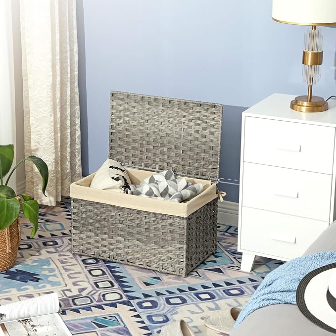SONGMICS Storage Basket with Lid, 17.2 Gallon (65L) Storage Bin, Woven Blanket Storage Basket with Handles, Foldable, Removable Liner, Metal Frame, for Bedroom, Laundry Room, Gray URST56WG