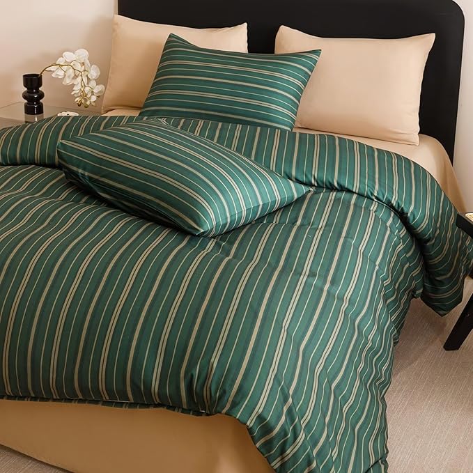 Luxlovery Striped Comforter Set King Men Dark Green Bedding Set Geometric Modern Stripe Pattern Blanket Quilts Durable Lightweight All Season 3PCS Comforter Set King Bed