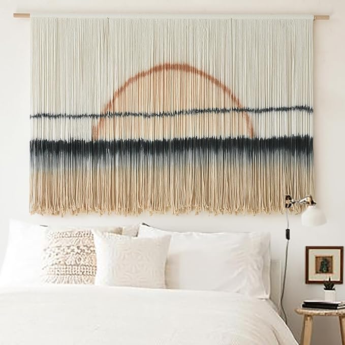 Macrame Wall Hanging Large Sunset Dip Dye Boho Tapestry Handmade Woven Cotton Wall Art for Bedroom, Living Room, Above Bed Neutral Modern Minimalist Decor 57" Wx35" L