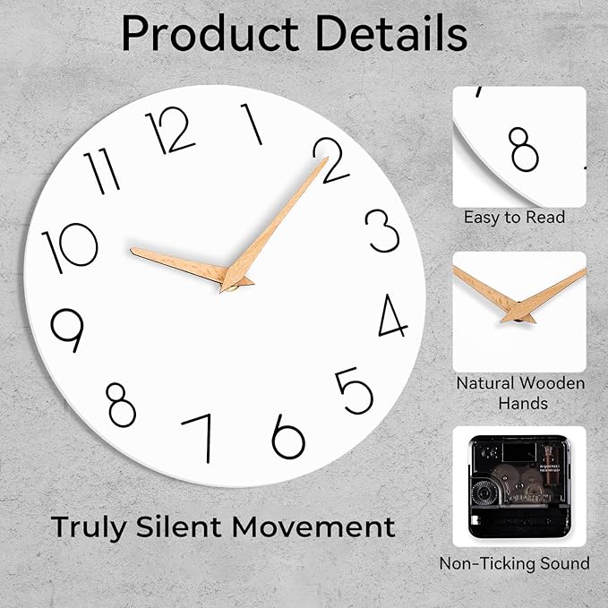 Wall Clock, 16 Inch Wooden Battery Operated Wall Clocks Silent Non-Ticking, Decorative White Clock for Living Room, Bedroom, Kitchen, Home, Office, School, Hotel