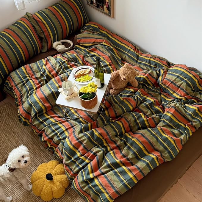 VM VOUGEMARKET Multicolor Striped Duvet Cover Queen Size Washed Cotton Jacquard Stripes Bedding Duvet Cover Set - Cozy Stylish Bedding for Men & Women