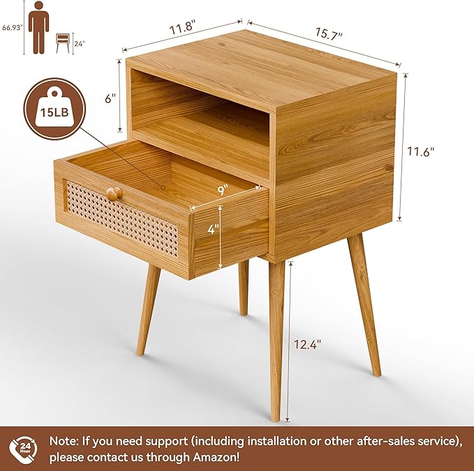Nightstand Bedside Table Small Nightstand with Drawers Rattan Side Table End Tables Bedroom Wood Mid Century Modern Nightstands