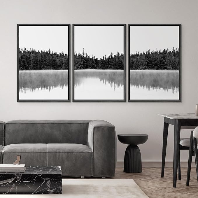 SIGNWIN 3 Piece Framed Canvas Wall Art Woodland Nursery Decor Black and White Forest with Lake Nature Abstract Traditional Home Artwork Decoration for Living Room,Bedroom - 24"x36"x3 Black