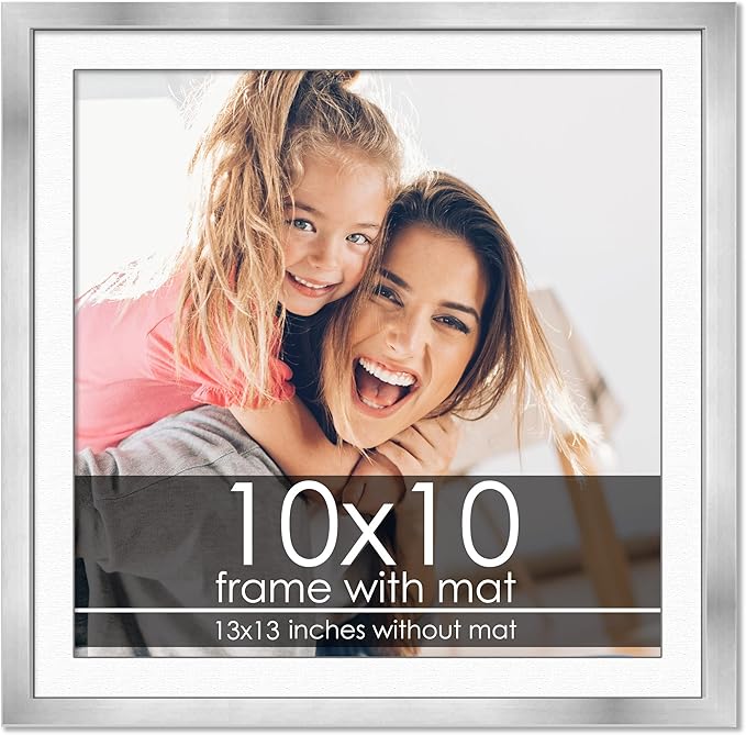 10x10 Frame with Mat - Silver 13x13 Frame Wood Made to Display Print or Poster Measuring 10 x 10 Inches with White Photo Mat
