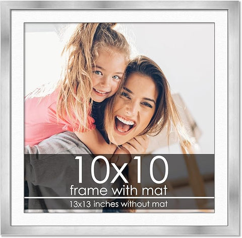10x10 Frame with Mat - Silver 13x13 Frame Wood Made to Display Print or Poster Measuring 10 x 10 Inches with White Photo Mat
