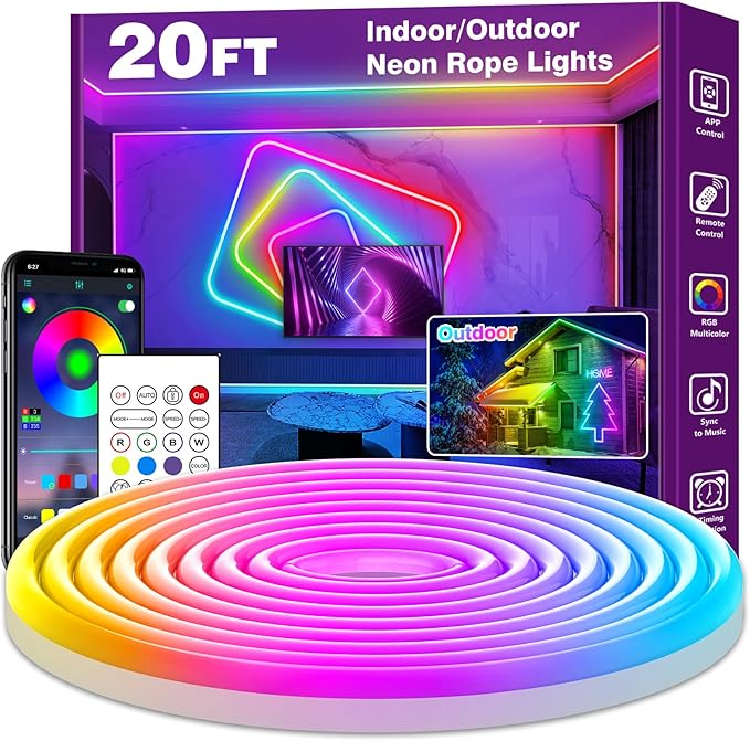 AILBTON 20FT Led Neon Rope Lights Control with App/Remote,Flexible Led Rope Light,Multiple Modes,IP65 Outdoor RGB Lights Waterproof,Music Sync Gaming Led Neon Strip Light for Bedroom Decor (20FT)