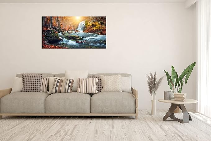 Autumn Waterfall Large Stretched Canvas Wall Art For Living Room Bedroom Home Decoration,Mordern Forest River Print Picture Painting Decor Giclee Artwork,Gallery Wrapped Gift,Inner Frame(30x60)