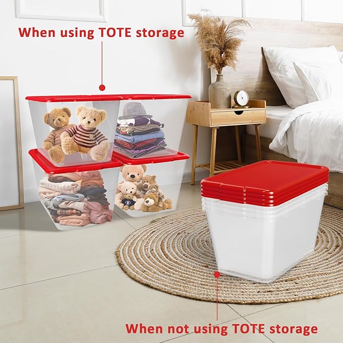 Storage Totes with Lids - Made in USA 14.5-Gallon (58-Quart) 4-Pack storage bins with lids plastic storage containers large storage boxes for Organizer Red/Clear