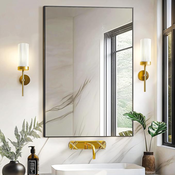 Bathroom Vanity Mirror for Wall, 36" x 24" Metal Framed Rectangular Bathroom Wall Mirror for Over Sink, HD Shatterproof Glass, Hangs Horizontally or Vertically(Black)