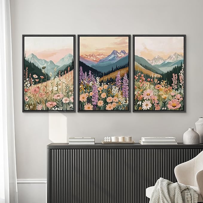 SIGNWIN Framed Canvas Print Wall Art Set Wildflower Meadow with Mountain Sunset Colorful Nature Landscape Illustrations Modern Art Decorative Zen for Living Room, Bedroom, Office - 24"x36"x3 Black