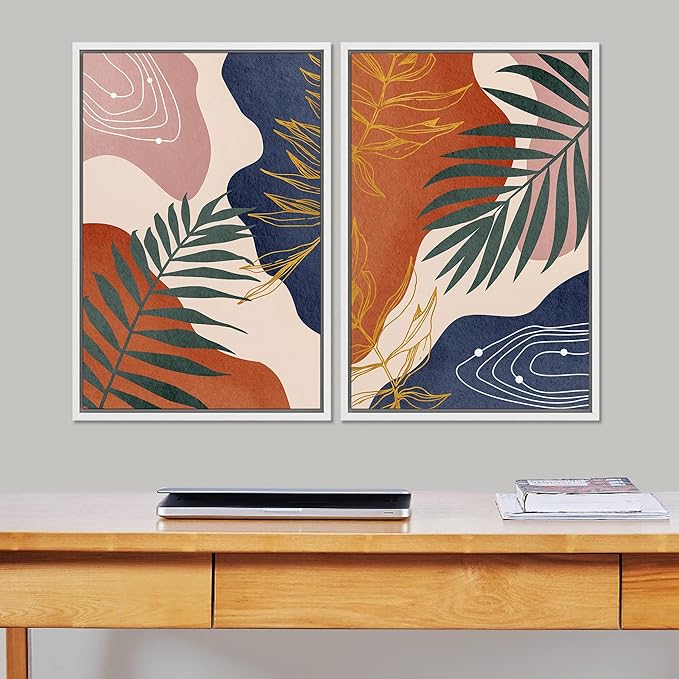 SIGNFORD Framed Canvas Print Wall Art Set Retro Mid-Century Geometric Forest Plants Abstract Shapes Illustrations Modern Art Decorative Bohemian for Living Room, Bedroom, Office - 16"x24"x2 White