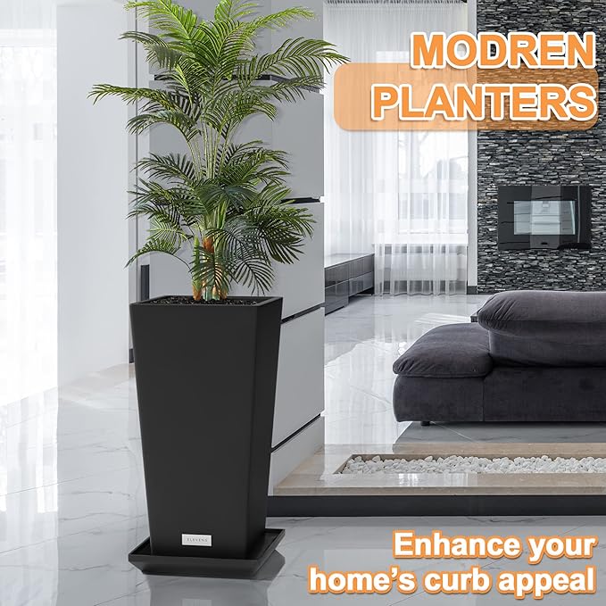 Elevens Outdoor Planter Larger Flower Pots Indoor Taper Garden V-Shape Tall Planters 29 inches Garden Pots Planter - Black（2 Packs）