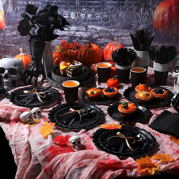 350 Pcs Black Plates and Napkins, 50 Guest Halloween Party Supplies Include Scalloped Paper Plate Napkin Cups Plastic Spoons Forks Knives Disposable Tableware Set for Halloween Day of the Dead