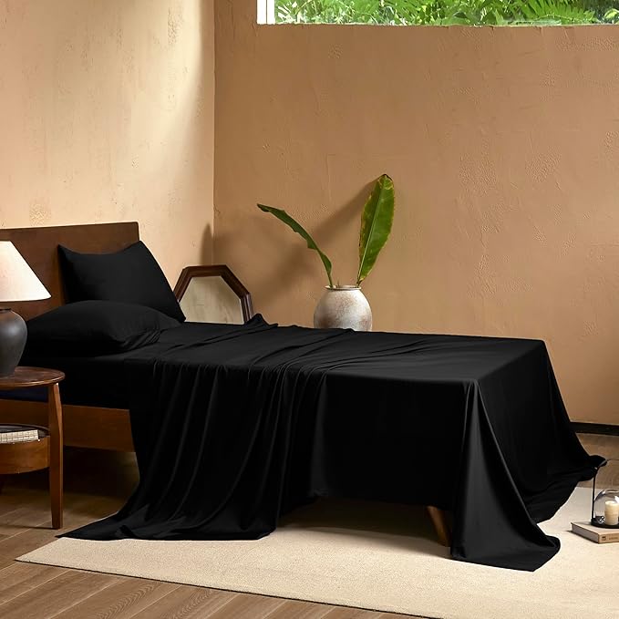 EVERLY King Sheets Set,Luxuriously 400 Thread Count Organic Viscose Derived from Bamboo Bed Sheet,Cooling Sheets for King Size 4 Piece Deep Pockets Bedding Sheets &Pillowcases-Black