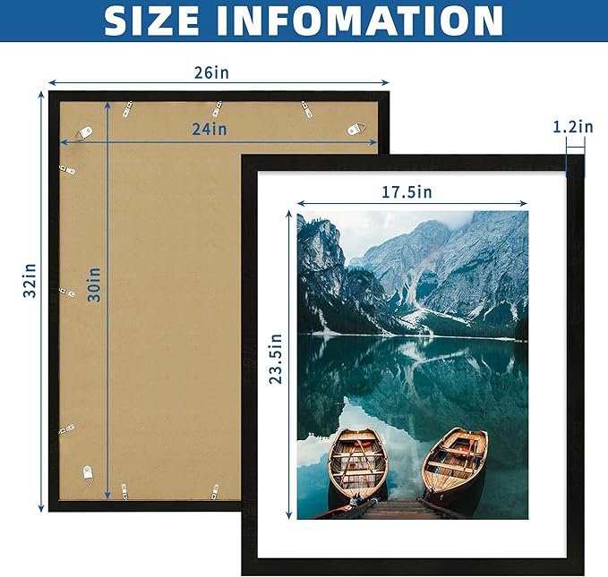 24x30 Frame Set of 2, Rustic Black Wood Style - Display 18x24 Picture Frame with Mat or 24 x 30 Poster without Mat, Wall Mounting Horizontal and Vertical
