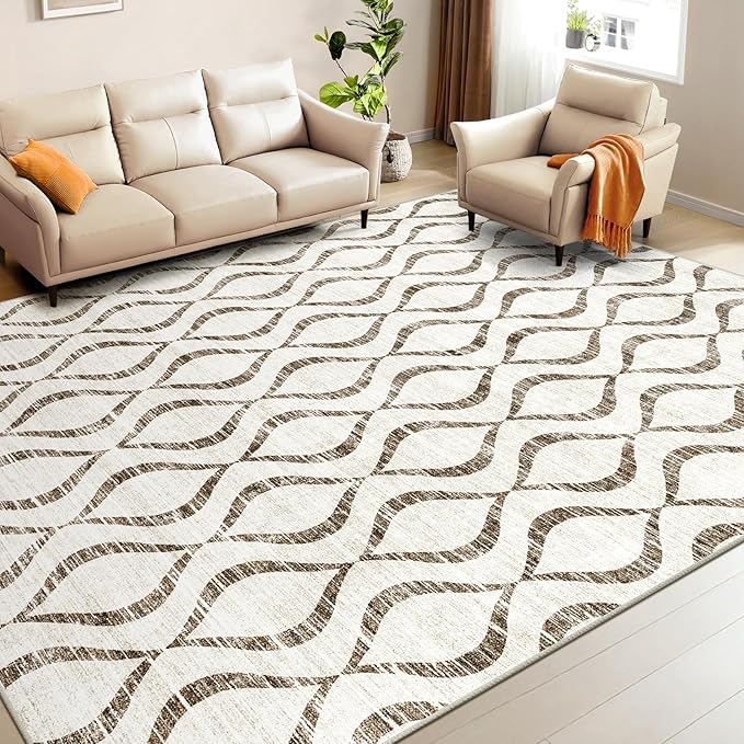 WITSHOCK 9x12 Boho Brown Area Rugs: Washable Non-Slip Geometric Print Pattern Large Thin Indoor Rug for Living Room Bedroom Under Dining Table, Carpet for Nursery Playroom Decor, Kid & Pet Friendly