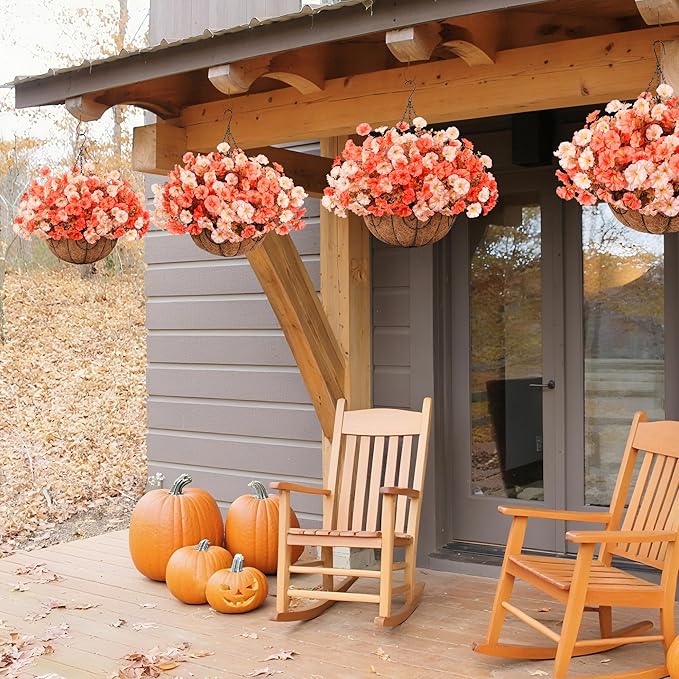 Artificial Fake Hanging Flowers with Basket for Fall Decoration, 12 Bundles Faux Silk Morning Glory Plants for Outdoor Planters, Realistic UV Resistant Artificial Flowers for Outside Porch Garden