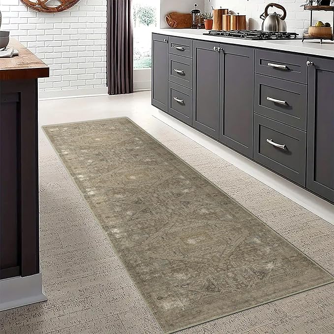 vivorug Runner Rug 2x10 Machine Washable Rug with Non-Slip Backing, Ideal for Kitchen Hallway Entryway Laundry Room - Vintage, Durable, Easy Clean, Low Pile Carpet Runner Olive