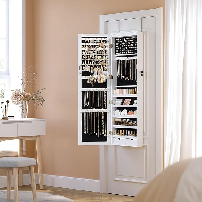 SONGMICS 6 LEDs Mirror Jewelry Cabinet, 47.2-Inch Tall Lockable Wall or Door Mounted Jewelry Armoire Organizer with Mirror, 2 Drawers, 3.9 x 14.6 x 47.2 Inches, White UJJC93W
