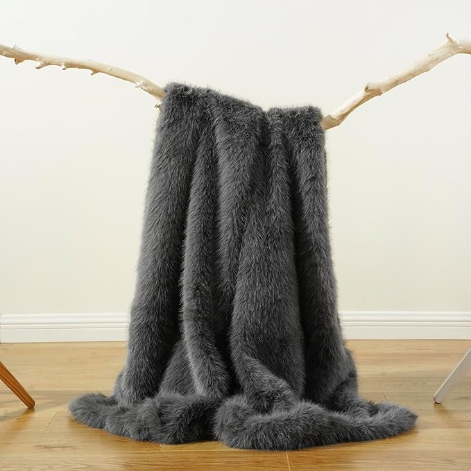 BATTILO HOME Luxury Fluffy Grey Faux Fur Throw Blanket, Cozy Warm Fur Blanket for Couch, Sofa, Chair, Bed, Plush Fuzzy Fur Throws with Long Pile, 60"x80"