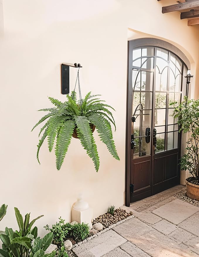 Fake Hanging Plants Large Boston Fern Artificial Plants Outdoor Realistic Fake Ferns with Palm Basket Silk Plants Ferns Hanging Plant Artificial Decor for Home Front Porch Window Garden - Dusty Green
