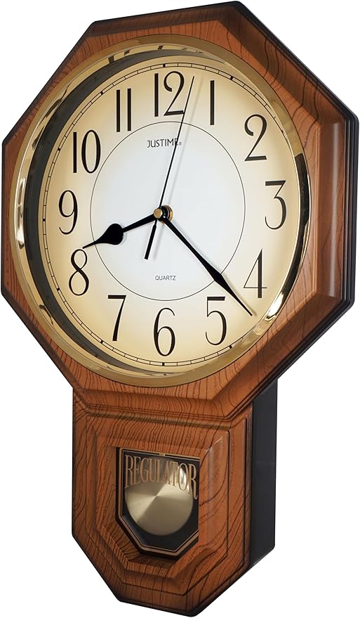 JUSTIME Traditional Schoolhouse Gradient Arabic Regulator Wall Clock, Chiming Wall Clocks with Pendulum & Westminster Chime Hourly, Schoolhouse Wall Decor Battery Operated (Light Wood Grain)