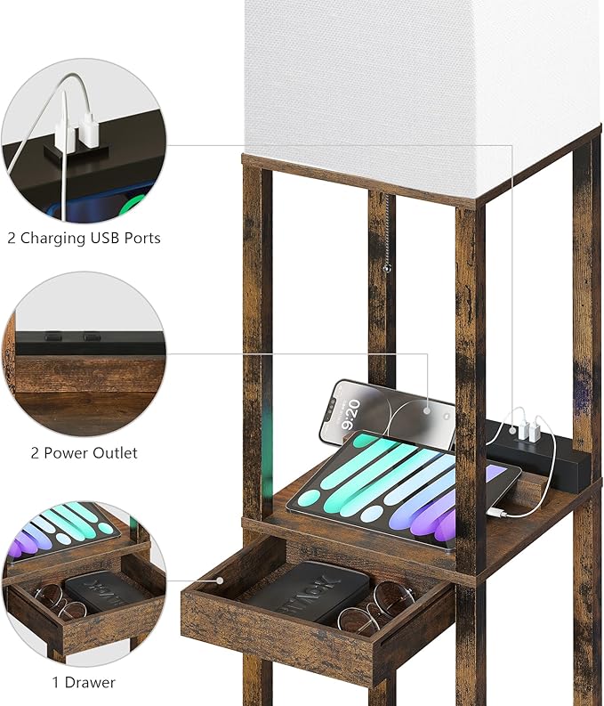 SUNMORY Floor Lamp with Shelves, Modern Dimmable Standing Lamp with Drawer & 2 USB Ports & 2 Power Outlet, Corner Tall Shelf Lamp for Living Room and Bedroom (Rustic Browm)